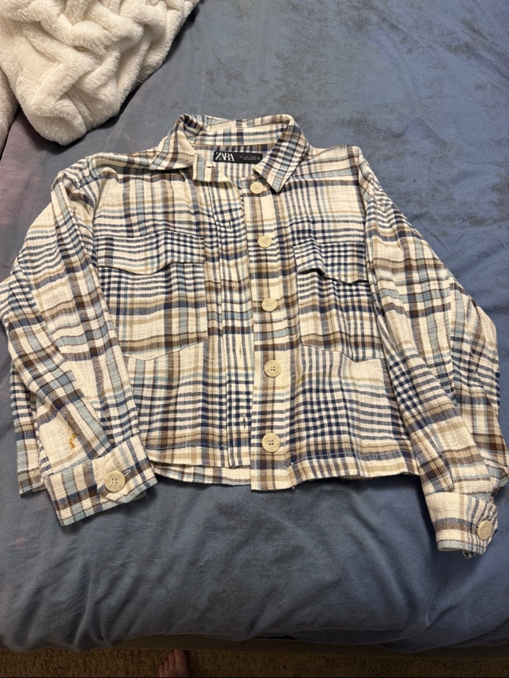 Zara Cream, Blue & Brown Plaid Button-Front Shacket